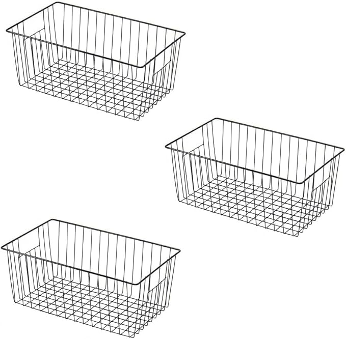 Y.Z.Bros 16" L x 12" W Wider Freezer Storage Organizer Baskets Container, Metal Wire Chest Upright Refrigerator Divider Bins with Built-in Handles for Cabinet, Pantry, Closet, Kitchen, Black
