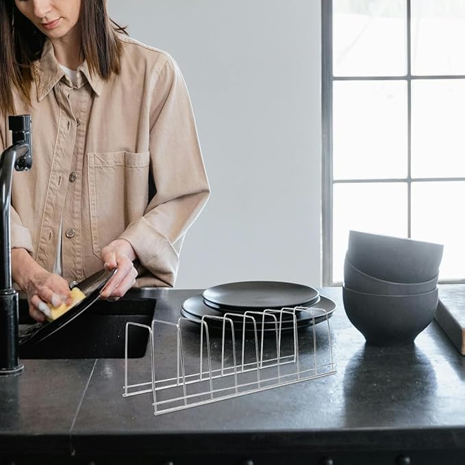 Stainless Steel Plate Holder for Cabinet, Compact Dish Drying Rack and Organizer, Vertical Kitchen Dish Rack for Countertop, Rust-Proof Tableware Drainage Storage Stand for Plates and Saucers