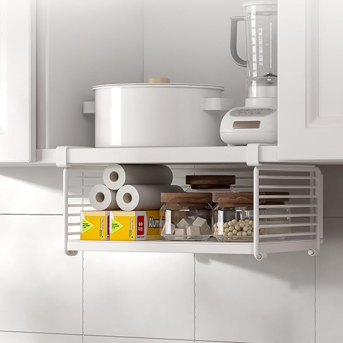 Under Shelf Basket - Heavy Duty Slide-In Metal Wire Hanging Organizer, Space Saving Storage Rack for Kitchen Cabinet, Pantry, Closet, Office (White)