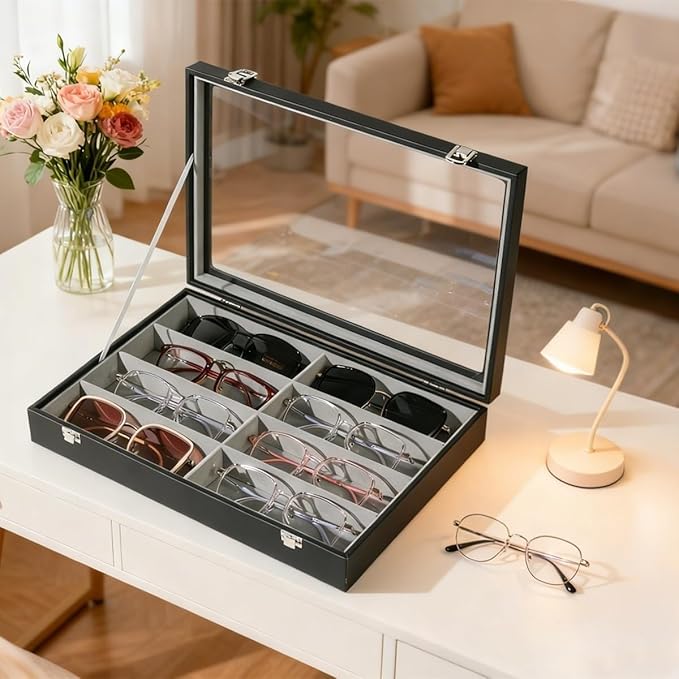 Glasses Holder Box Drawer Sunglass Organizer for Men Clear Wide Storage Case 8 Slots Multiple Reading Glasses Display, Black Leather With Clear Glass Lid