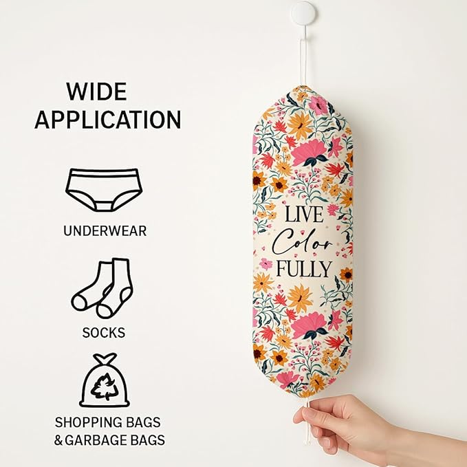 Plastic Bag Holder, Live Color Fully Plastic Bag Holder for Kitchen Essentials, Bags Holders for Plastics Bags Groceries Store, Floral Reusable Trash Sack Storage Dispenser to Home Kitchen Decor