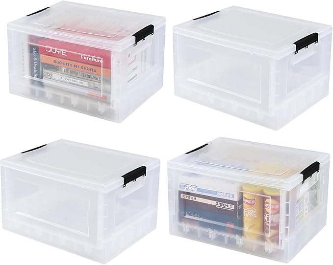 Anbers 30 L Clear Plastic Storage Boxes with Lids, Collapsible Storage Bins, 4 Packs