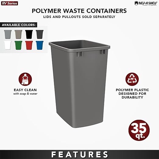 Rev-A-Shelf Polymer Replacement 35 Quart Trash Bin Recycle Waste Garbage Container for Kitchen Cabinet Pullouts, Silver, 2 Pack, RV-35-17-2