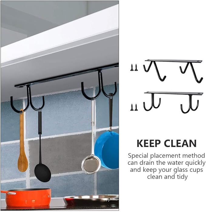 2 Set Under Cabinet Coffee Mug Holder Rack with Hooks Space-Saving Iron Cup Organizer for Kitchen Storage Draining Design for Clean Glass Cup Hanging and Multi-Purpose Use