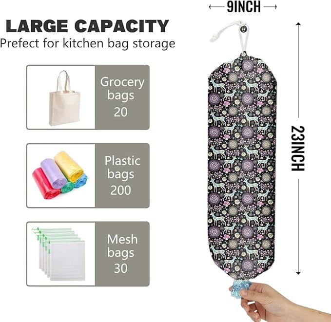 Purple Grocery Bag Holder and Dispenser Forest Deer Pattern Plastic Bags Organizer Garbage Shopping Trash Bags Storage for Kitchen Home Gifts Women Friends Sisters