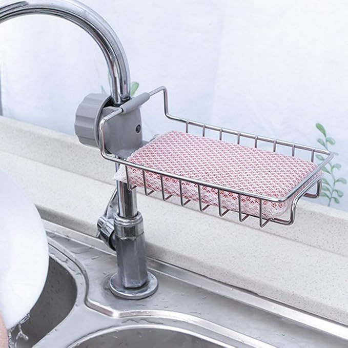 Kitchen Sink Faucet Organizer, Stainless Steel Sink Sponge Holder Around Faucet, Sinks Caddy Organizer, Faucet Storage Rack Sponge, Drying Rack for Kitchen Accessories (COLOR:Silver)