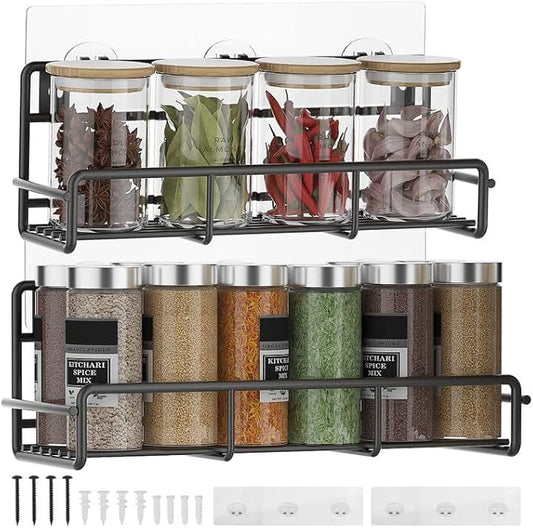 2 Pack Wall Mount Spice Rack Organizer, for Kitchen Pantry Door Storage and Organization, Heavy-Duty Metal Kitchen Spice Rack, Flexible Wall Iron Shelves with Adhesive Hook, Black