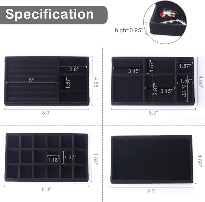 Jewelry Organizer Tray,Stackable Velvet Jewelry Trays,Set of 8 Drawer Inserts Earring Organizer For Women Girls Jewelry Storage Display Case for Rings Stud Necklaces (Black)