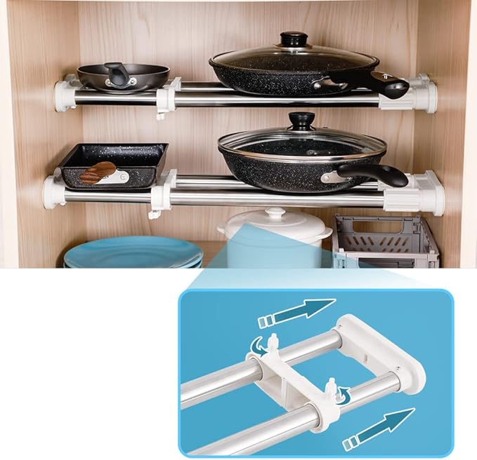 Hershii 2 Pack Expandable Closet Shelf Tension Rod Adjustable Metal Storage Rack Hanger Cabinet Organizer DIY Divider Separator for Wardrobe Cupboard Kitchen Bathroom, Ivory, 17.72-27.56 IN