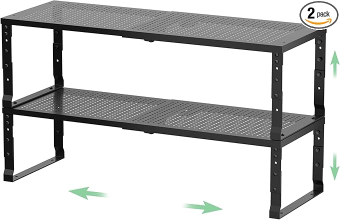 Flat Top Storage Rack - Expandable 16.5"~27" W Countertop Space Saver, Heavy-Duty Steel Construction, Powder Coated Finish for Kitchens, Bathrooms, Workshops or Offices