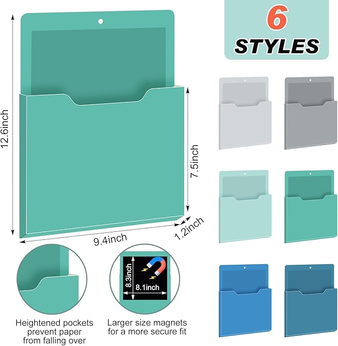 Fuutreo 6 Pcs Magnetic Wall File Organizer Magnetic Wall File Holder Refrigerator Magazine Holder for Mail Letters Paper(Aqua Green,12.2 x 9.4 Inch)