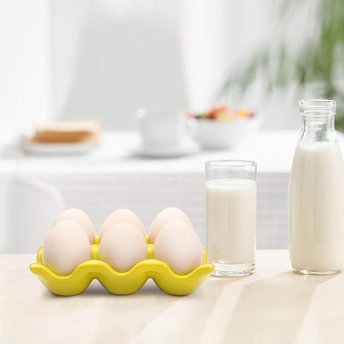 Flexzion Porcelain Egg Crate - 6-Capacity Ceramic Tray, Half Dozen Holder for Fridge, Countertop Display - Yellow Decorative Serving Dish and Storage Organizer, 2 Pack