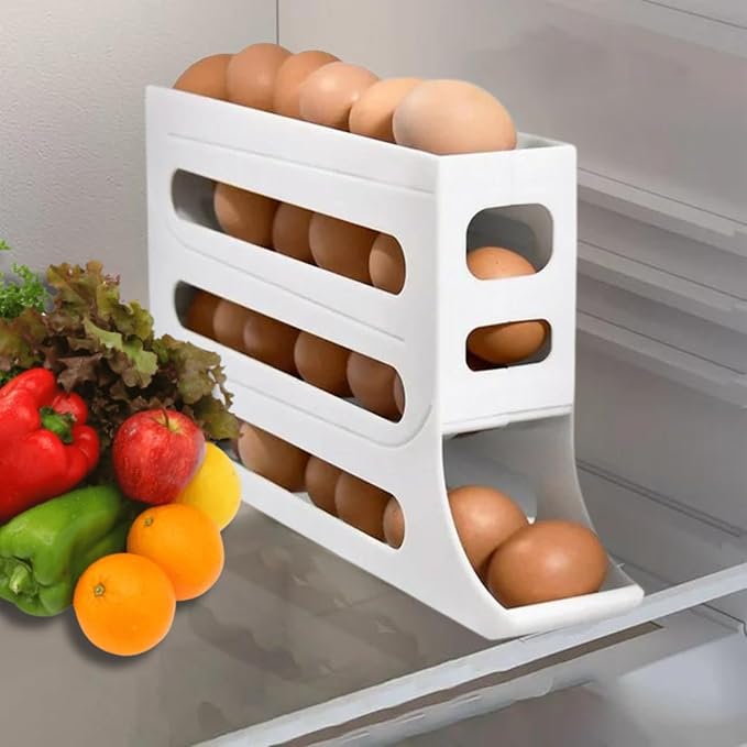 MAYLESS Auto Rolling Egg Holder for Fridge, Refrigerator Organizer Rack (White)