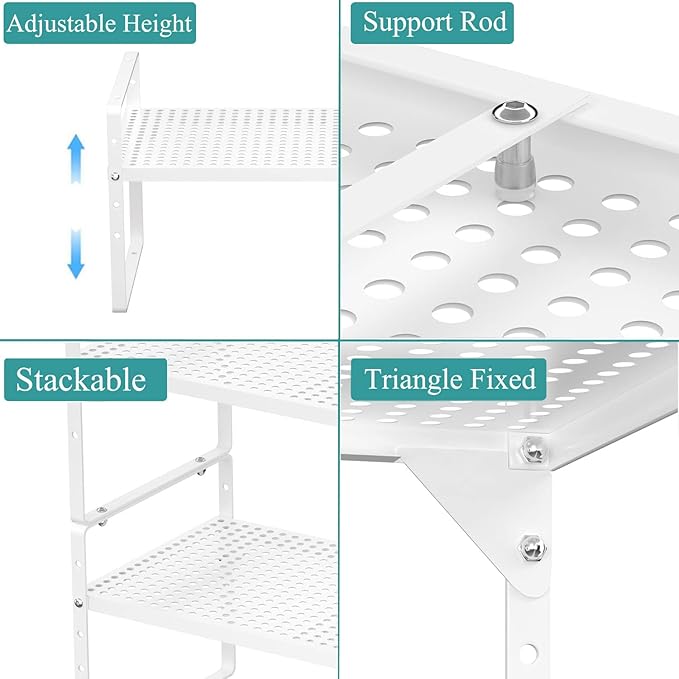 Expandable Kitchen Cabinet Shelf Organizer, Stackable Metal Pantry Storage Shelves, Adjustable Counter Shelf Organizer Rack for Kitchen Cabinets, Cupboard, Countertop, Closet, White