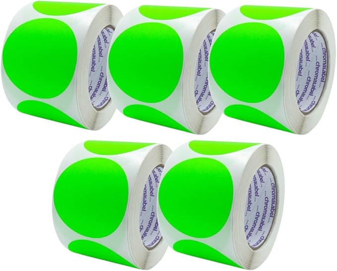 ChromaLabel 3 Inch Round Sticker Labels, High Visibility Removable Stickers Label, Easy to Write On Color Coding Labels, 500 Sticky Dots per Roll, Fluorescent Green Dot Stickers - Case of 5