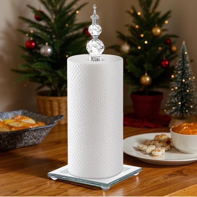 Crystal Paper Towel Holder, Bling Silver Paper Towel Roll Holder, Decorative Standing Paper Towel Holder for Kitchen Countertops Bathroom, Paper Towel Dispenser with Weighted Base (Square/Silver)