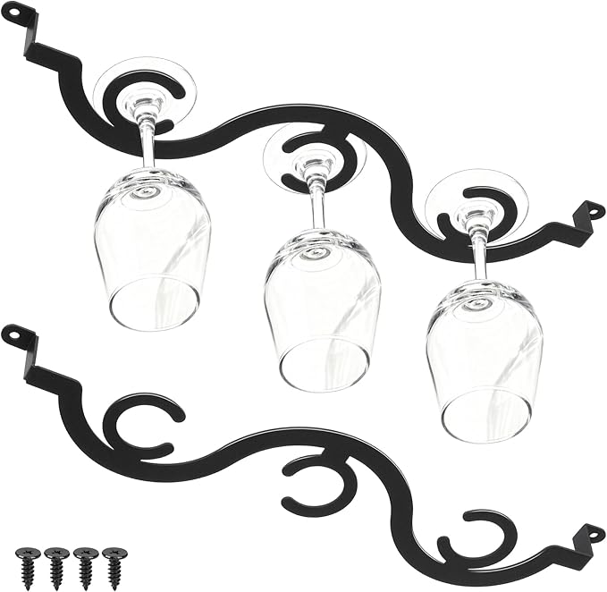 Under Cabinet Wine Glass Rack/Stemware Holder, 15.35 inch Glass Storage Hanger Organizer, for Kitchen and Bar, 2 Pack (Black)