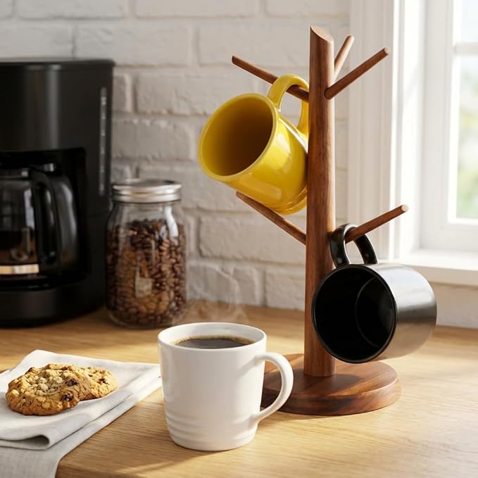 Acacia Wood Mug Holder Tree, 6 Hooks Wooden Mug Organizer for Kitchen Counter & Coffee Bar, Easy to Assemble, Natural Wood Color, Ideal for Small to Medium Mugs