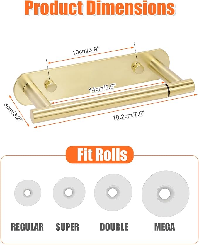YUET Toilet Roll Holder, Self Adhesive or Screw in Wall Mounted Options, Double Post Pivoting Tissue Roll Holder, Stainless Steel Rustproof Stick On No Drilling Wall Mount for Bathroom, Brushed Gold