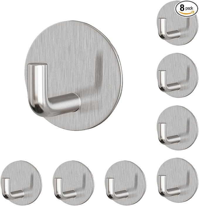 EDMILE 8 Pack Silver Adhesive Wall Hooks, Towel Hooks for Bathrooms, Sticky Hooks for Hanging, Stick on Wall Mount for Bathroom Kitchen Bedroom No Drill