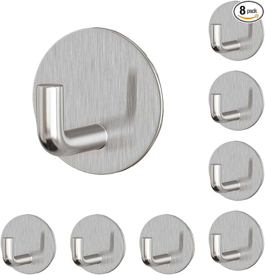 EDMILE 8 Pack Silver Adhesive Wall Hooks, Towel Hooks for Bathrooms, Sticky Hooks for Hanging, Stick on Wall Mount for Bathroom Kitchen Bedroom No Drill