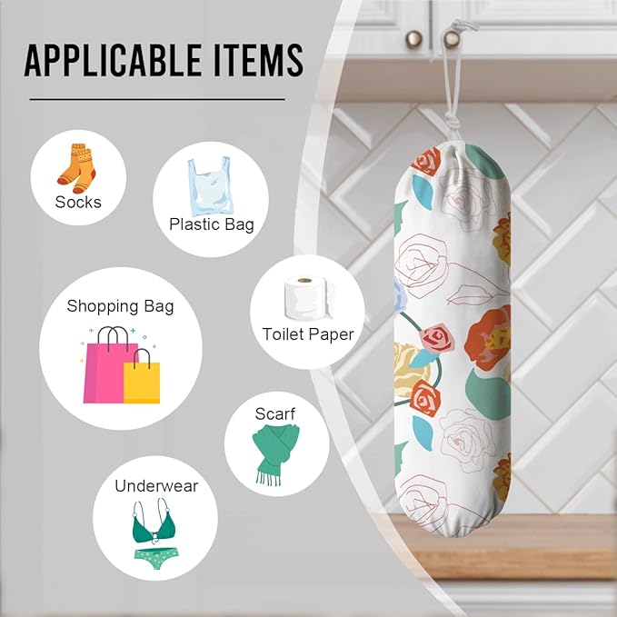 Floral Grocery Bag Holder, Garbage Shopping Trash Bags Carrier Organizer, Reusable Fabric Plastic Bag Holder, Kitchen Housewarming Gifts for Women Family Friends Grandma Mom