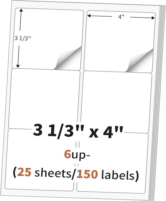 3 1/3" x 4" (25 Sheets) Address Labels, Labels Sticker Paper for Laser/Ink Jet Printer, Printable and Writable White Sticker Labels- Matte, 6 per Page Labels (Total 150 Labels)