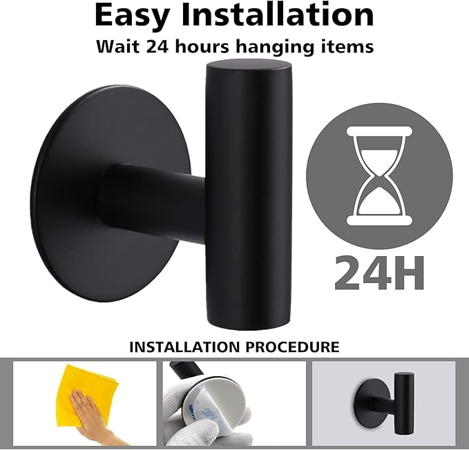 Bntuk Adhesive Towel Hooks, Heavy Duty Wall Hooks Stainless Steel Waterproof Shower Towel Hooks, Coat Hook for Hanging Clothes, Adhesive Hooks for Bathroom, Glass Window- 4 Pack, Black