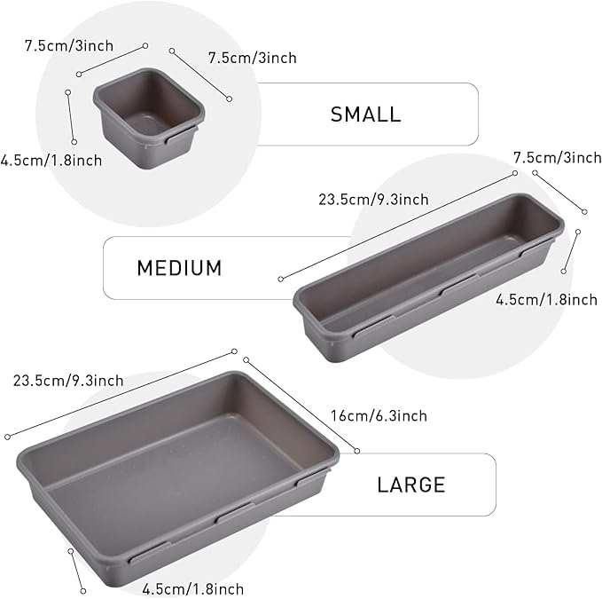 64Pcs Interlocking Desk Drawer Organizer Tray, 3 Sizes Desk Drawer Organizer, Plastic Grey Interlocking Junk Drawer Organizers for Cosmetics, Office and Bathroom