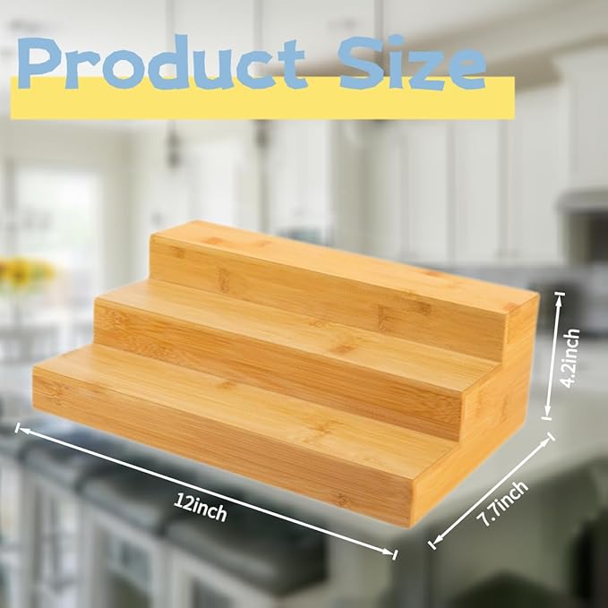 2 Pack Bamboo Spice Rack Organizer – 3 Tier Wooden Countertop & Cabinet Spice Rack for Kitchen Storage, Tiered Spice Organizer for Cabinet and Pantry