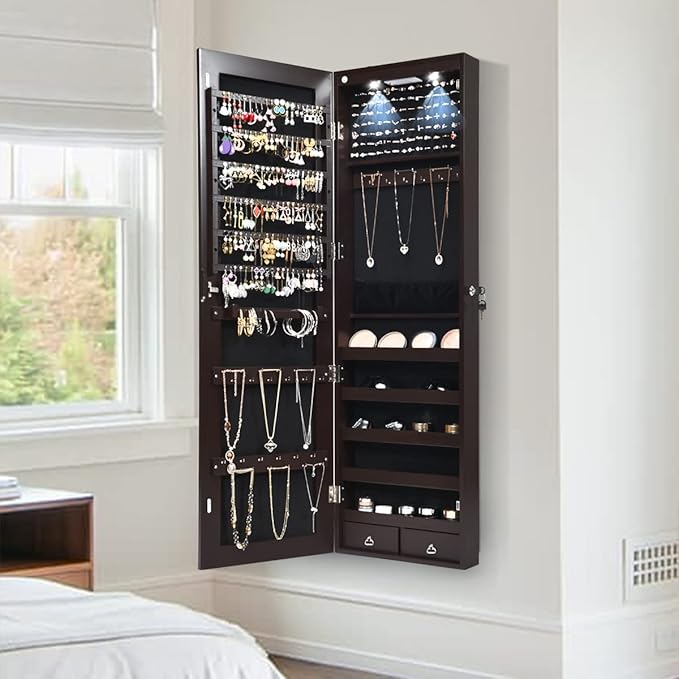 Giantex Wall Door Mounted Jewelry Armoire Cabinet with 47.5" H Full Length Mirror, 2 LEDs Lockable Jewelry Organizer Box with Bracelet Rod, 2 Drawers, Large Storage Capacity (Espresso)