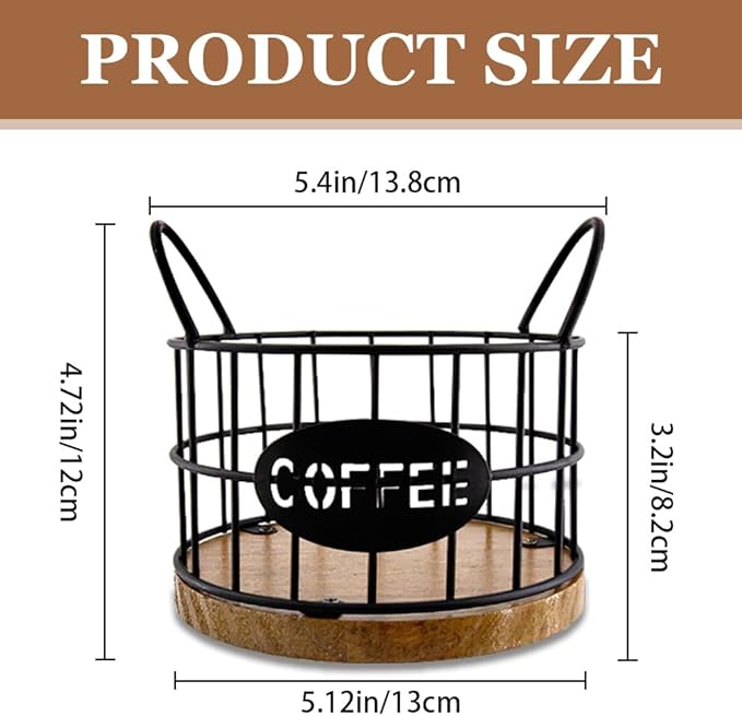 2 Pack Coffee Pods Holder for Countertop, Coffee Pods Storage Black Wire Basket with Wooden Base K Cup Holder Organizer Pod Container for Kitchen Countertop, Cafe Bar Organizer, Office Desktop
