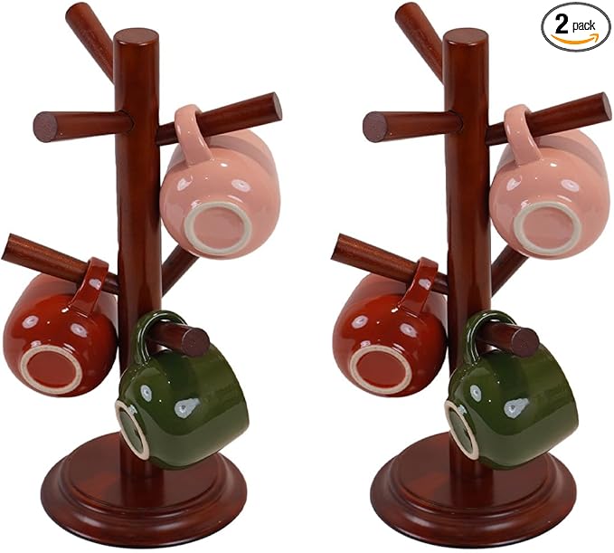Mug Tree Set of 2 | 13.5"x7"x7", 6 Hooks Cup Holder with Thick Rubberwood Base, Wooden Coffee Mug Holder Stand for Countertop, Kitchen Table, Cup Organizer Rack for Mugs or Utensils (Brown)