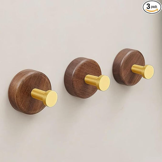 Stacknovo No-Drill Wall Hooks (3-Pack) - Dark Walnut Decorative Adhesive Hooks for Towels, Hats & Robes, Strong Damage-Free Hanging in Bathroom, Kitchen, Bedroom (3, Gold)
