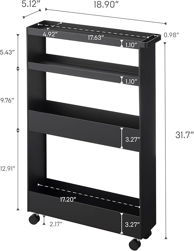 YAMAZAKI Home Tower Slim 4-Tier Rolling Storage Cart – Mobile Organizer for Kitchen Or Bathroom, 31.7" - Steel -