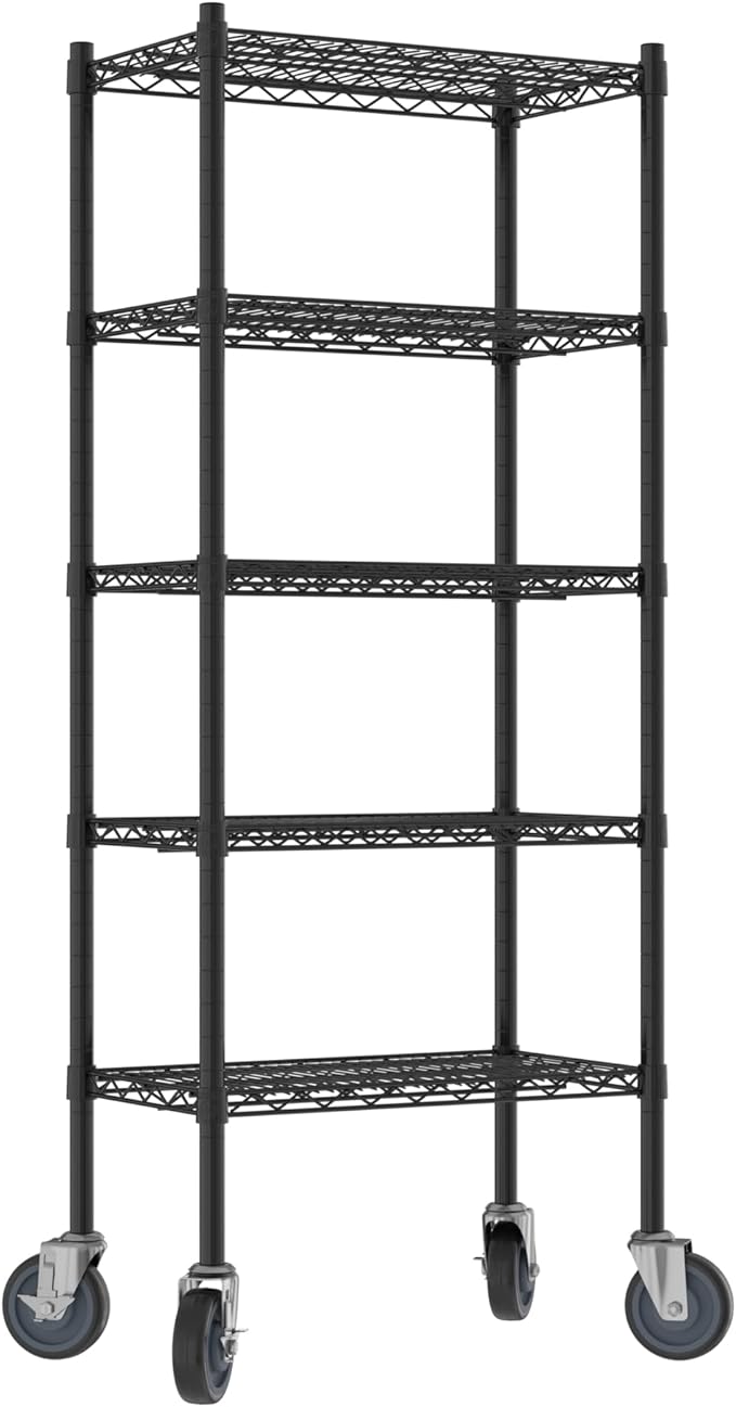 Commercial NSF Listed Black Epoxy Mobile Wire Shelving Kit 14" x 24" x 60", with 5 Shelves Perfect for Warehouse, Walk-in Refrigerator, Freezer, Grocery Store, Restaurant, Dishroom