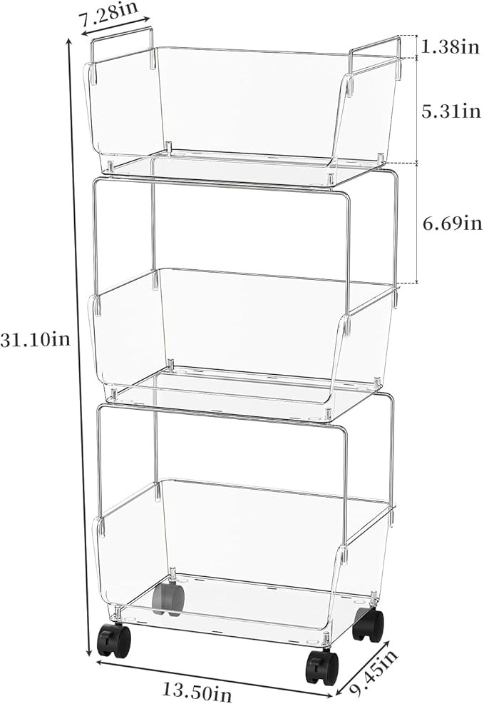 YCIA&DONE 3 Tier Rolling Storage Cart with Locking Wheels, Slim Narrow Organizer for Bathroom, Bedroom & Laundry, Clear Deep Bins, Sturdy Metal Frame, Easy Assembly Utility Trolley