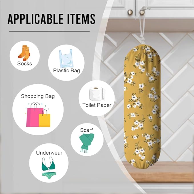 Yellow White Plastic Bags Holder, Garbage Shopping Trash Bags Carrier Organizer, Wall Mount Plastic Bag Organizer Dispenser, Trash Grocery Bag Storage Dispenser, Farmhouse Home Decor for Kitchen