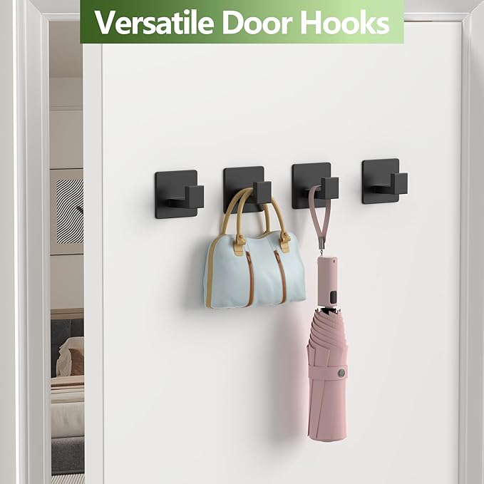VINHOLD Adhesive Towel Hooks, Shower Hooks for Hanging Robe, Coat, Hat, Loofah, Heavy Duty Wall Hooks Stick on Bathroom, Kitchen and Office (4 Pack, Black)