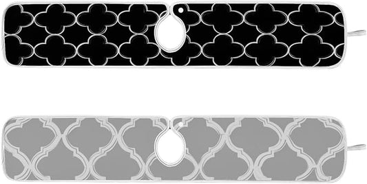2 PCS Kitchen Sink Splash Guard 30 Inch Faucet Mat for Kitchen Sink Bathroom Sink Faucet Absorbing Drip Drain Mat Pad Microfiber Soft Washable Grey and Black Quatrefoil