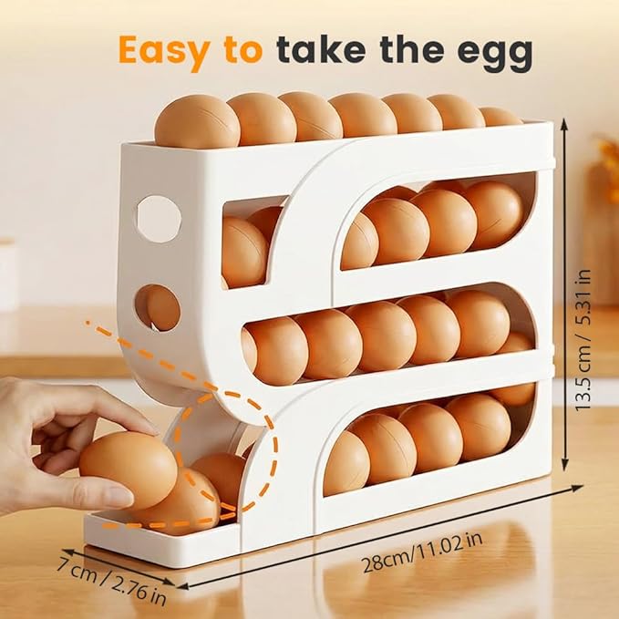 Auto Rolling Egg Holder for Fridge, 4-Tier Egg Dispenser Organizer Holds 28 Eggs, No Assembly Space-Saving Egg Storage Rack for Refrigerator & Countertop (Transparent)