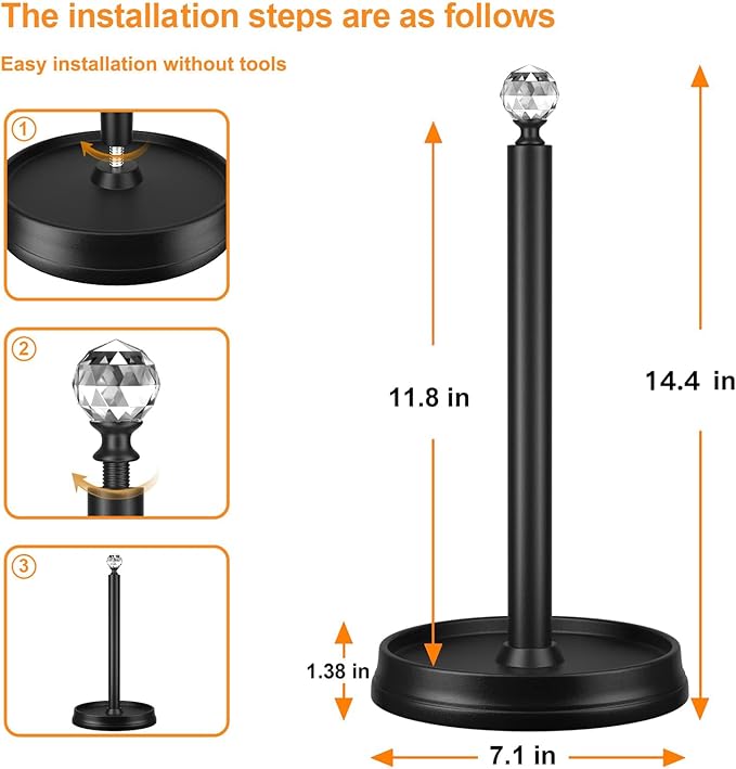 Paper towel holder (with crystal head) Steel Paper towel holder countertop，Black paper towel holder for Kitchen Countertops, Bars & Dining Tables,Fits Standard & Jumbo Rolls,Matte Black