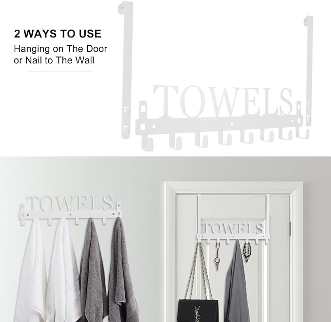 Over The Door Hooks, Towel Rack for Bathroom Towel Holder for Hanging Heavy Duty, Wall Mount Towel Hanger with 8 Hooks for Bedroom Bathroom Kitchen Towels,White