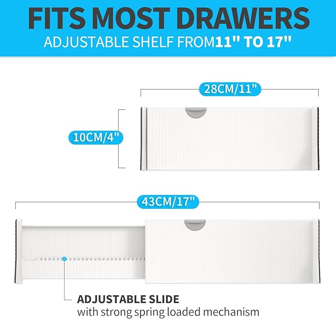Drawer Dividers Organizer, Adjustable Separators 4" High Expandable from 11-17" for Bedroom, Bathroom, Closet, Clothing, Office, Kitchen (White, 4 PACK)