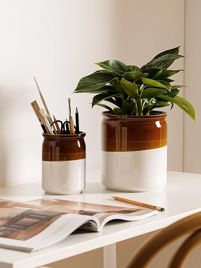 LE TAUCI Kitchen Utensil Holder, 7.2“&5.4” Ceramic Utensil Crock for Countertop, Rustic Modern Farmhouse Decor, Large Heavy Spatula Organizer, Vintage Two-Tone Glossy Glaze, Set of 2, Brown & White