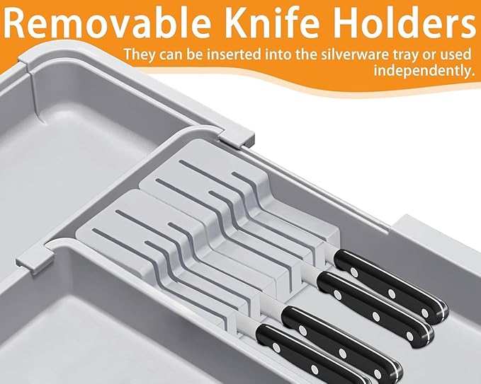 Silverware Organizer Expandable Utensil Drawer Organizer Adjustable Drawer Organizer, Flatware Cutlery Silverware Tray for Spoons Forks Knives Kitchen Organizers Storage (Gray Plus)