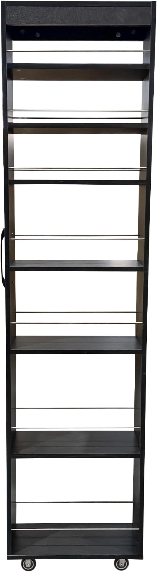 7-Tier Slim Pull-Out Storage Cart with Wheels – Multi-Functional Mobile Organizer, 7 Open Shelves + Top, Adjustable Height, Protection Bars, Perfect for Kitchen, Living Room & Narrow Spaces (Black)