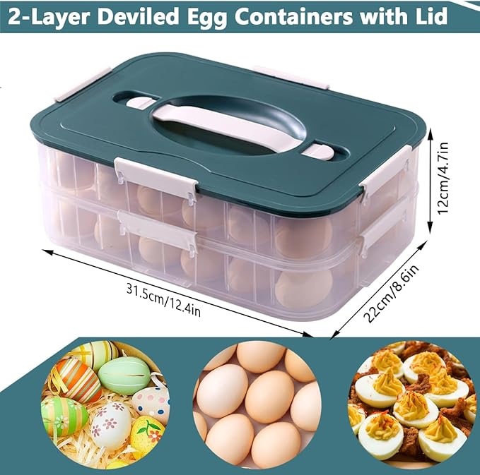 2 Layer Deviled Egg Containers with Lid, 36 Slots Deviled Egg Tray Carrier with Handle and Injector Piping Tool, Fridge Stackable Portable Clear Storage Egg Platter for Party Picnic Travel (Green)