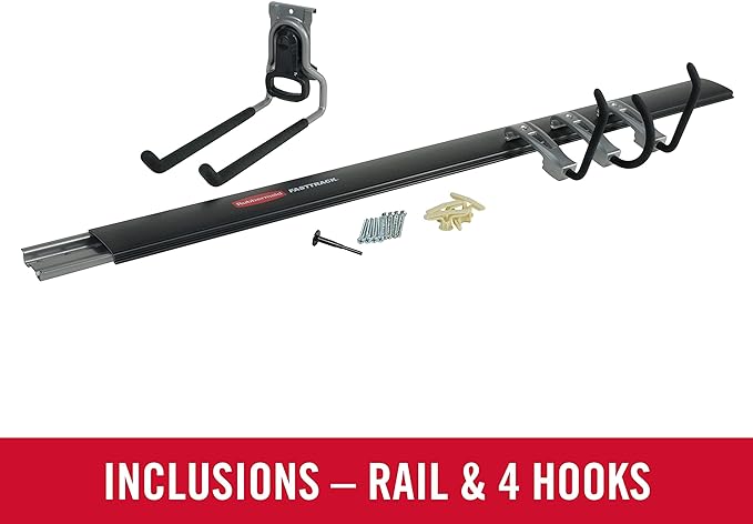 Rubbermaid FastTrack Garage Storage Utility Hooks 5 Piece Black All in One Rail Hook Kit and Tool Organizer Heavy Duty for Home/Garage/Shed/Garden