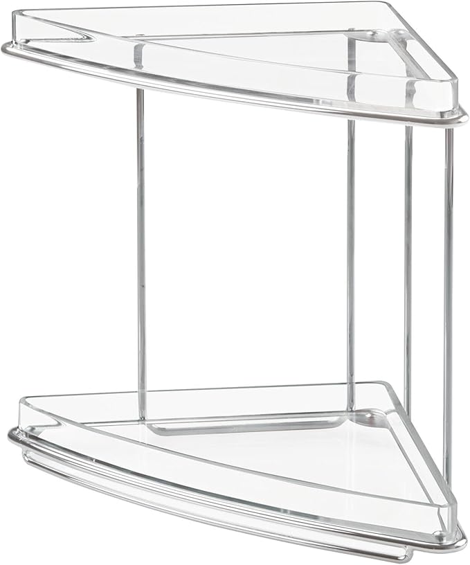 mDesign Steel/Plastic Freestanding Countertop Corner Shelf Organizer with 2-Tier Storage for Bathroom, Vanity, Cabinet, Counter - Holds Makeup, Bath Gel - Prism Collection - 2 Pack - Clear